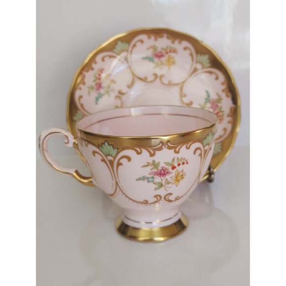 Vintage Coalport Bone China Teacup and Saucer set Pink, Gold trim Floral - Picture 1 of 14